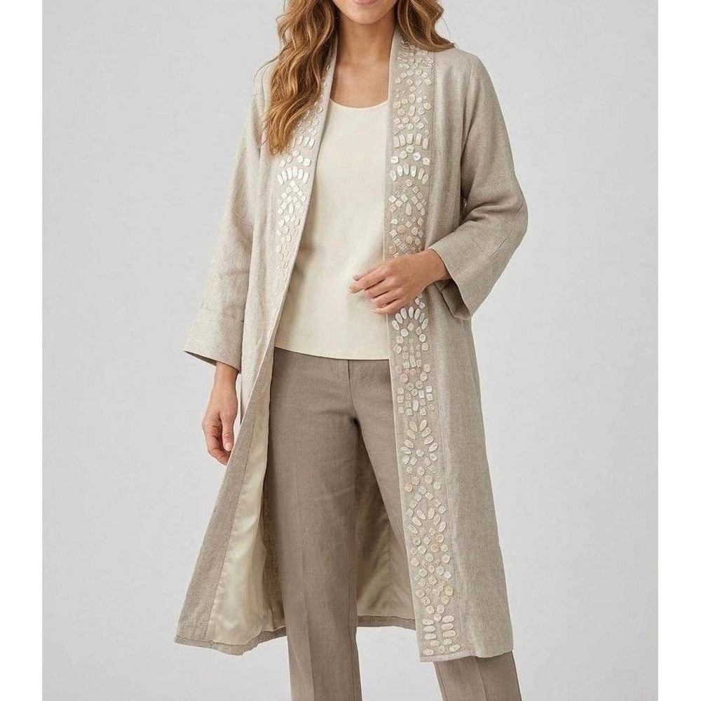 Soft Surroundings Womens Tan Linen Blend Embellished Duster Jacket Size XL Boho